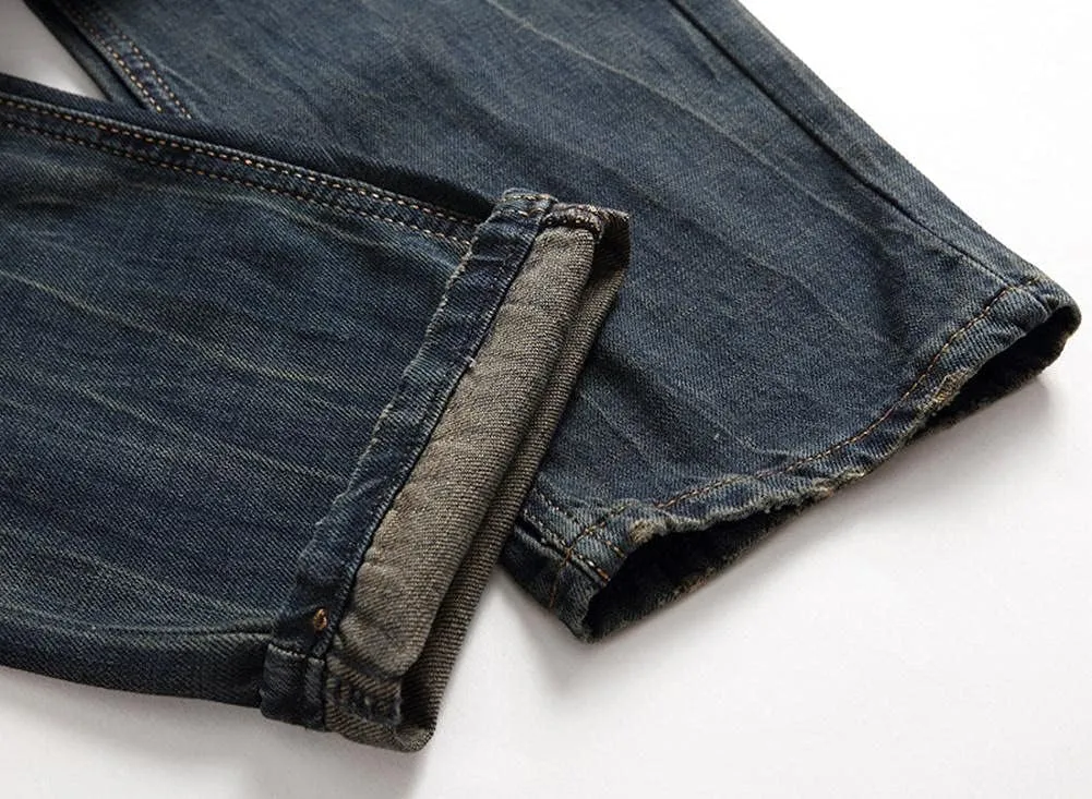Men's Ripped Patchwork Pleated Stretch Biker Jeans with Zippers