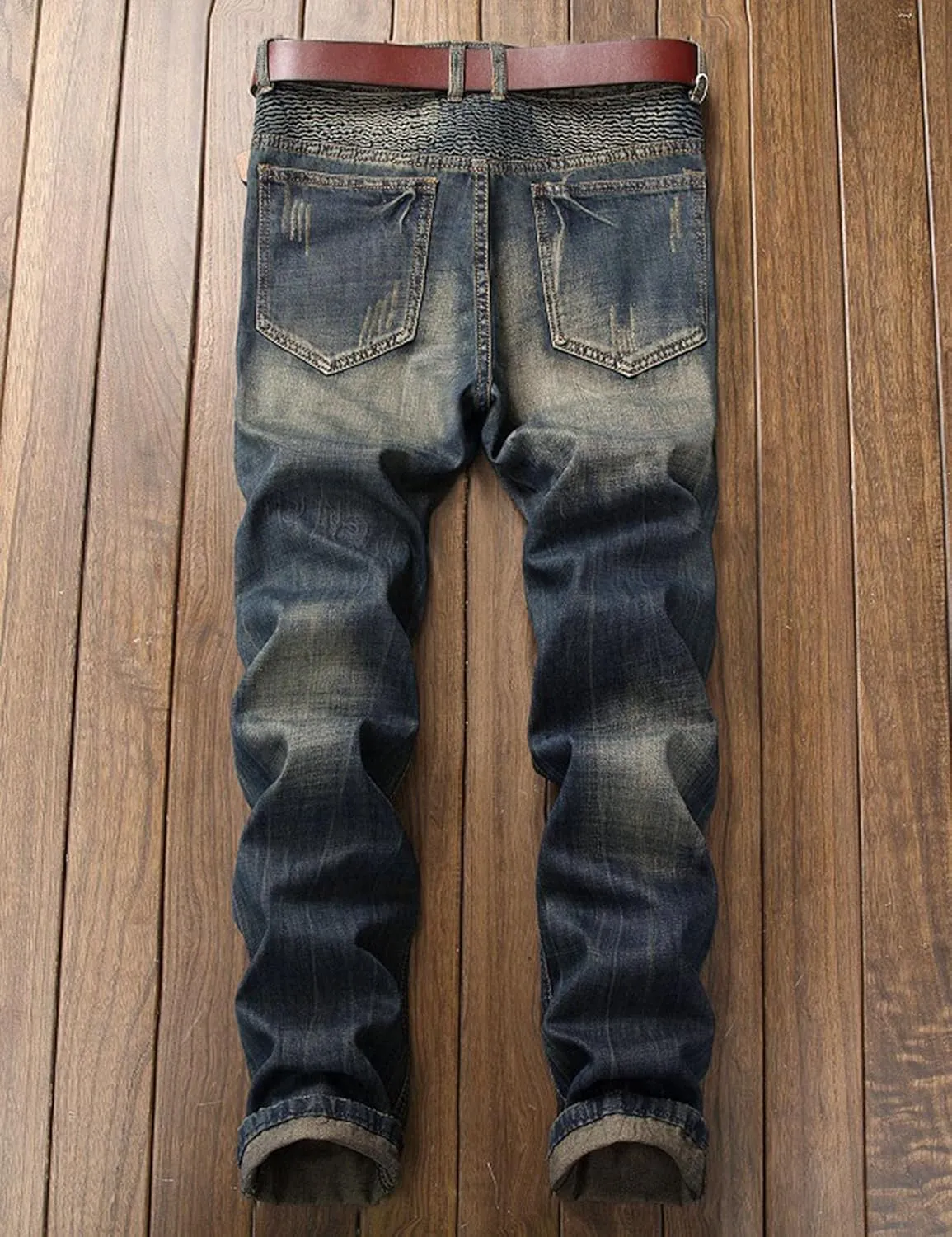 Men's Ripped Patchwork Pleated Stretch Biker Jeans with Zippers