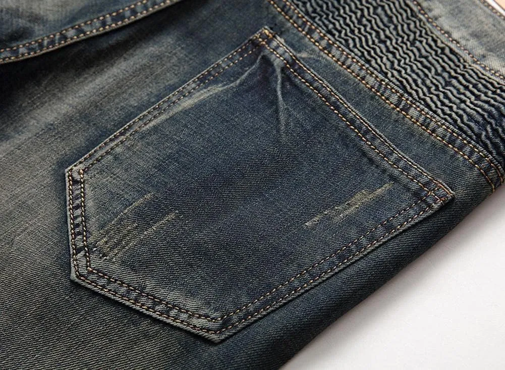 Men's Ripped Patchwork Pleated Stretch Biker Jeans with Zippers