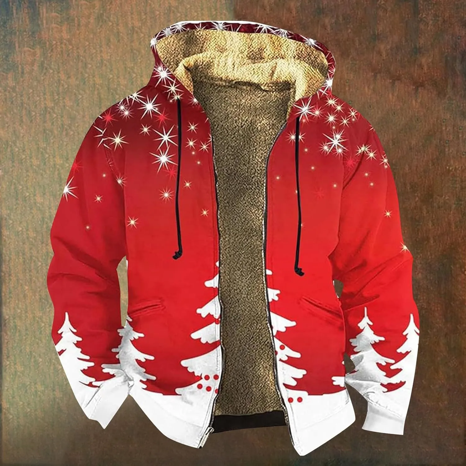 Men's Snowflake Christmas Tree Print Xmas Sweatshirt Christmas Fleece Hoodie Jacket Holiday Party Thermal Outfits
