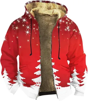 Men's Snowflake Christmas Tree Print Xmas Sweatshirt Christmas Fleece Hoodie Jacket Holiday Party Thermal Outfits