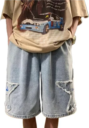 Men's Star Patchwork Denim Shorts Y2K Summer Wide Leg Loose Hip-hop Jeans Shorts