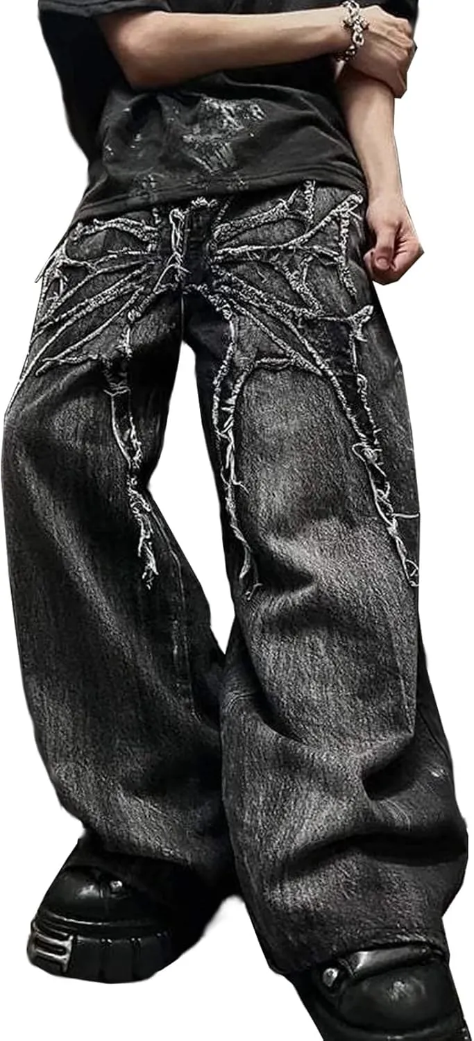 Mens Streetwear Hip Hop Baggy Jeans Wide Leg Grunge Jeans Y2K Distressed Jnco Loose Fit Denim Pants