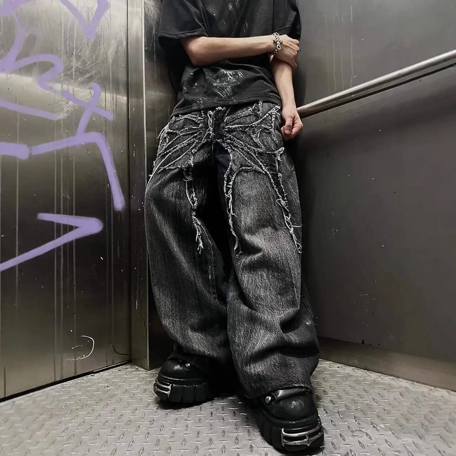Mens Streetwear Hip Hop Baggy Jeans Wide Leg Grunge Jeans Y2K Distressed Jnco Loose Fit Denim Pants