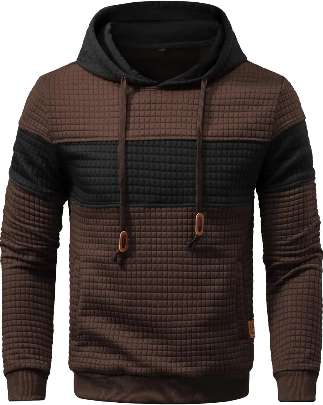 Men’s Sweatshirts Long Sleeve Pullover Patchwork Plaid Jacquard Hoodie Casual Drawstring Hoody Top