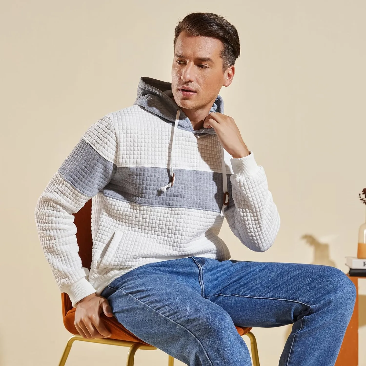 Men’s Sweatshirts Long Sleeve Pullover Patchwork Plaid Jacquard Hoodie Casual Drawstring Hoody Top