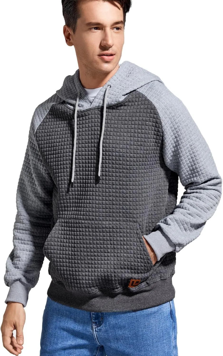 Men’s Sweatshirts Long Sleeve Pullover Patchwork Plaid Jacquard Hoodie Casual Drawstring Hoody Top