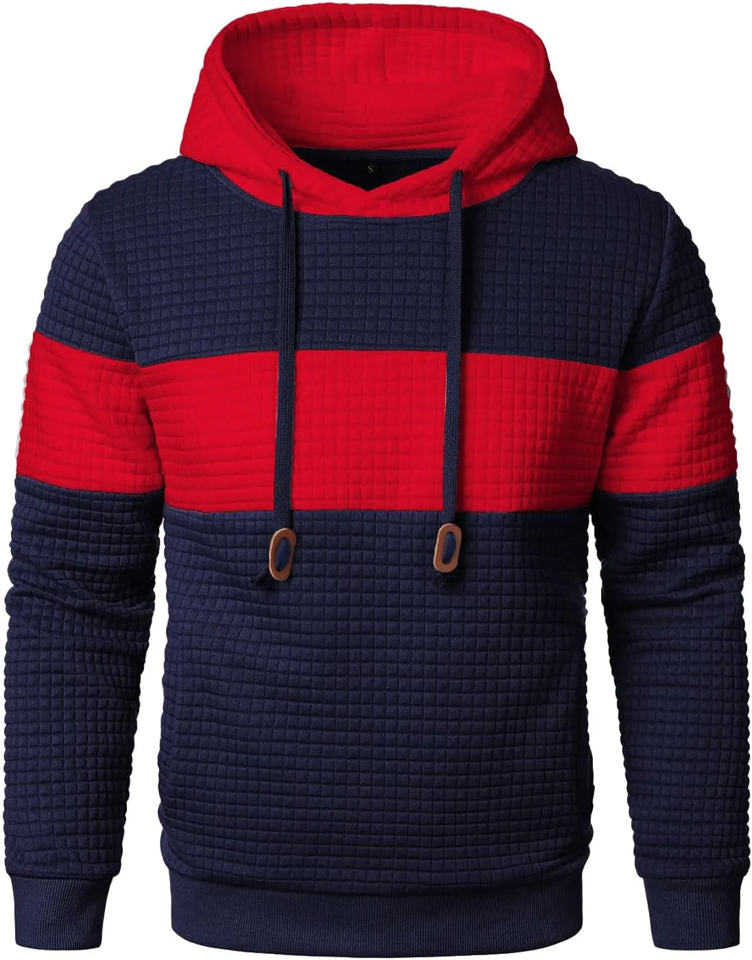 Men’s Sweatshirts Long Sleeve Pullover Patchwork Plaid Jacquard Hoodie Casual Drawstring Hoody Top