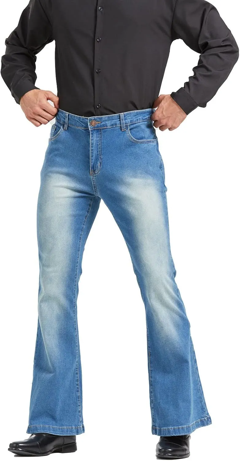 Men's Vintage Flared Leg Denim Jeans Classic Patchwork Bell Bottom Denim Pants