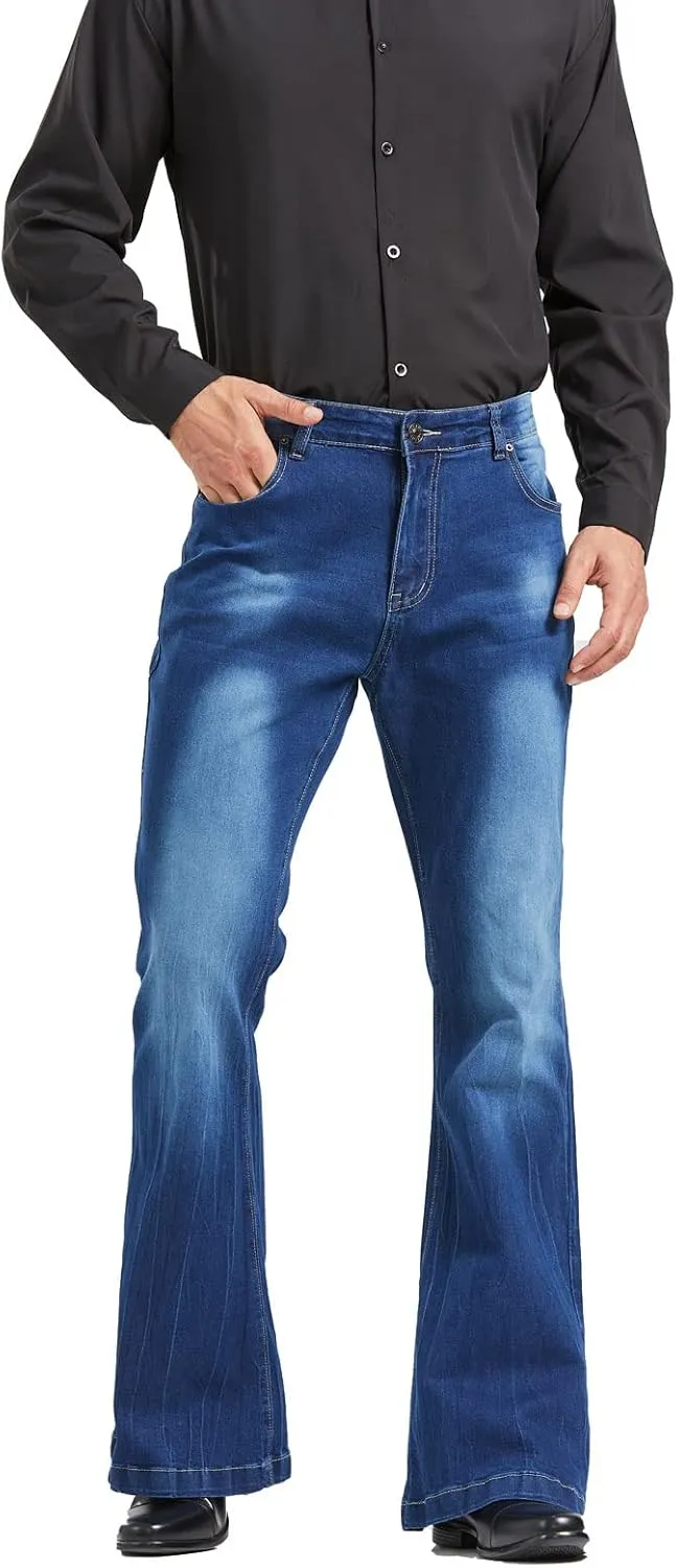 Men's Vintage Flared Leg Denim Jeans Classic Patchwork Bell Bottom Denim Pants