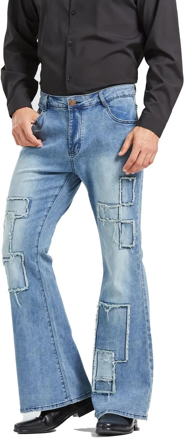 Men's Vintage Flared Leg Denim Jeans Classic Patchwork Bell Bottom Denim Pants