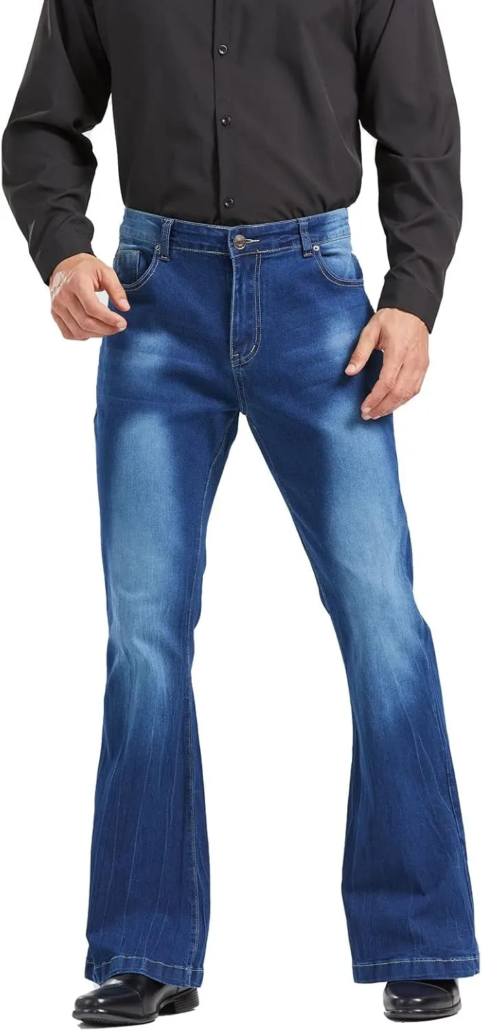 Men's Vintage Flared Leg Denim Jeans Classic Patchwork Bell Bottom Denim Pants