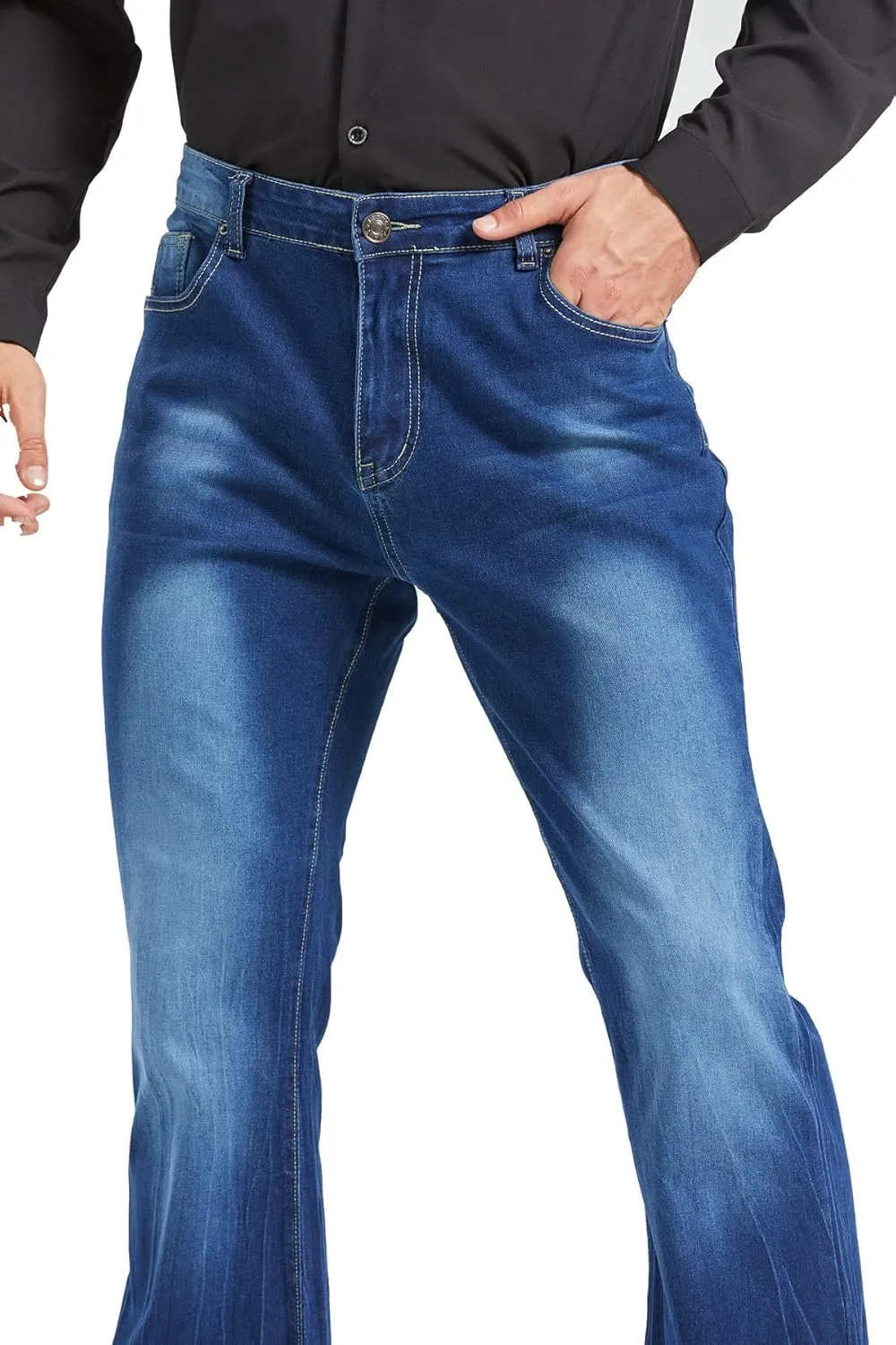 Men's Vintage Flared Leg Denim Jeans Classic Patchwork Bell Bottom Denim Pants