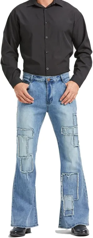 Men's Vintage Flared Leg Denim Jeans Classic Patchwork Bell Bottom Denim Pants