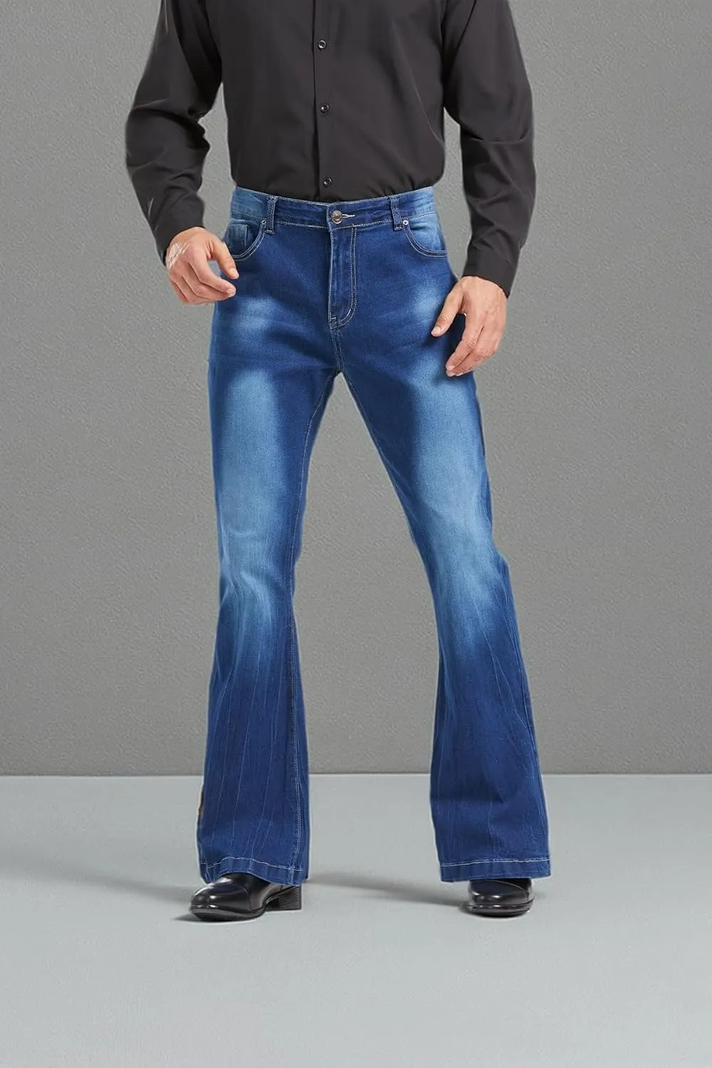 Men's Vintage Flared Leg Denim Jeans Classic Patchwork Bell Bottom Denim Pants
