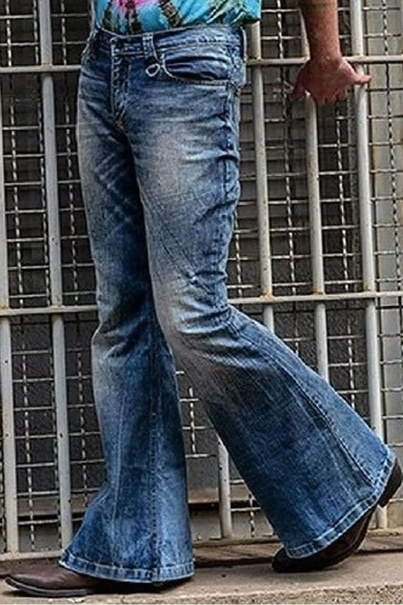 Men's Vintage Flared Leg Denim Jeans Classic Patchwork Bell Bottom Denim Pants