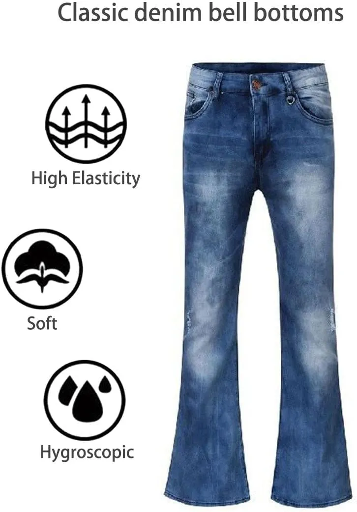 Men's Vintage Flared Leg Denim Jeans Classic Patchwork Bell Bottom Denim Pants