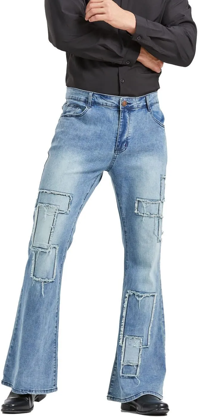 Men's Vintage Flared Leg Denim Jeans Classic Patchwork Bell Bottom Denim Pants
