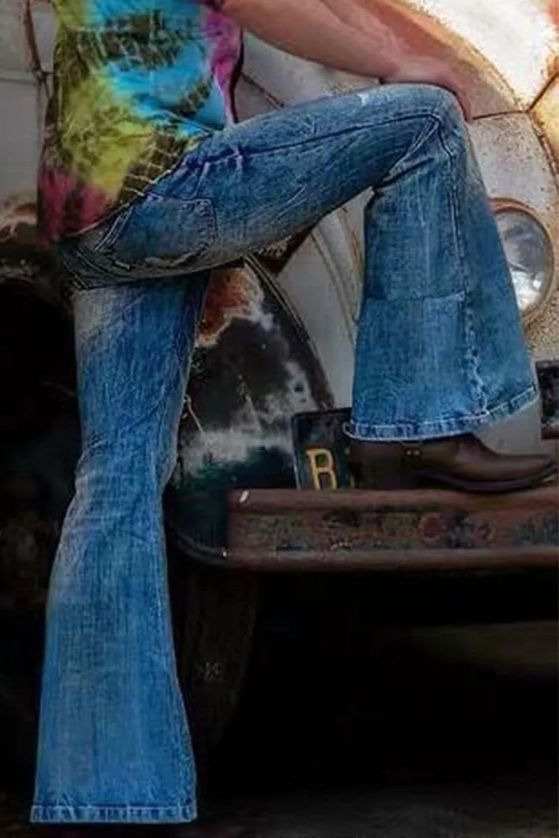 Men's Vintage Flared Leg Denim Jeans Classic Patchwork Bell Bottom Denim Pants