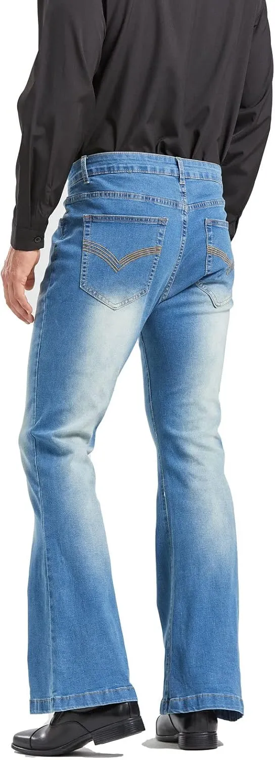 Men's Vintage Flared Leg Denim Jeans Classic Patchwork Bell Bottom Denim Pants
