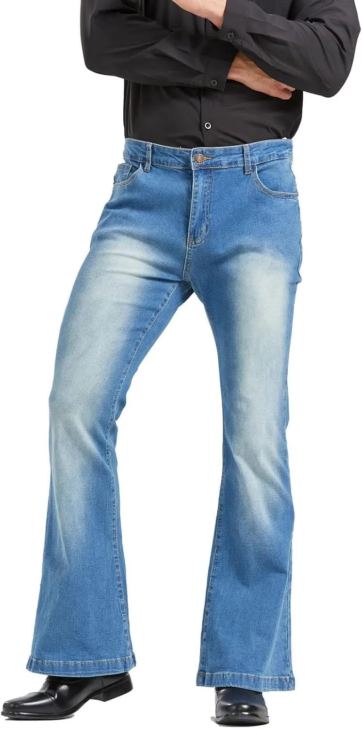 Men's Vintage Flared Leg Denim Jeans Classic Patchwork Bell Bottom Denim Pants