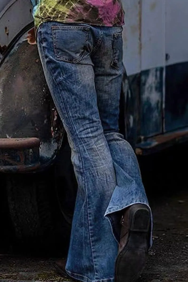 Men's Vintage Flared Leg Denim Jeans Classic Patchwork Bell Bottom Denim Pants