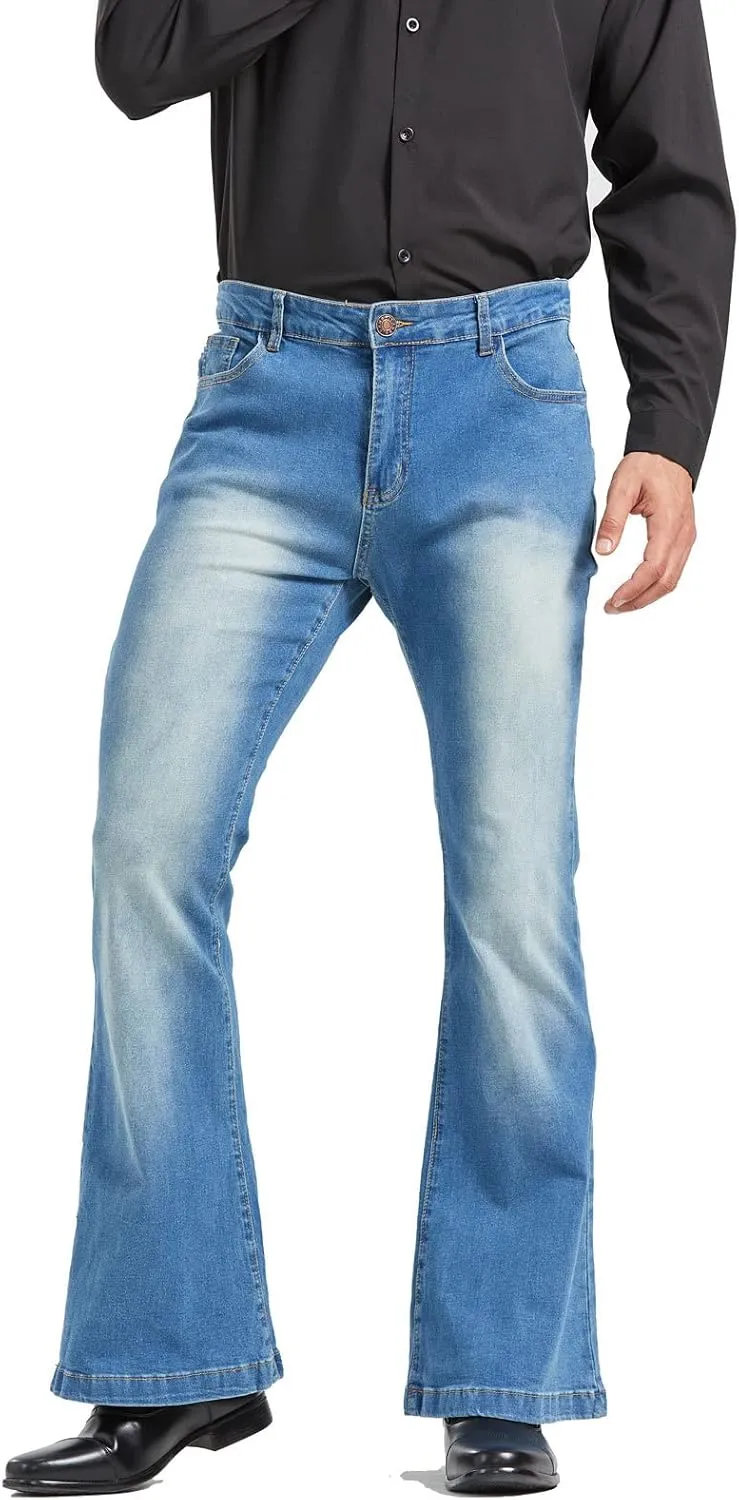 Men's Vintage Flared Leg Denim Jeans Classic Patchwork Bell Bottom Denim Pants