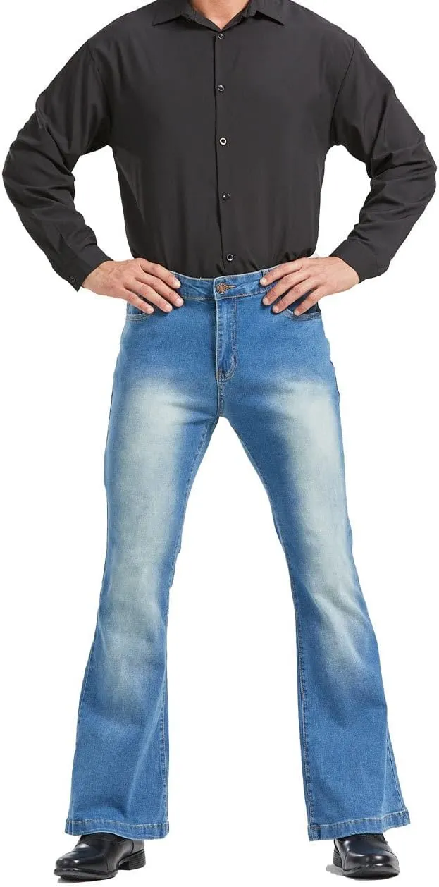 Men's Vintage Flared Leg Denim Jeans Classic Patchwork Bell Bottom Denim Pants