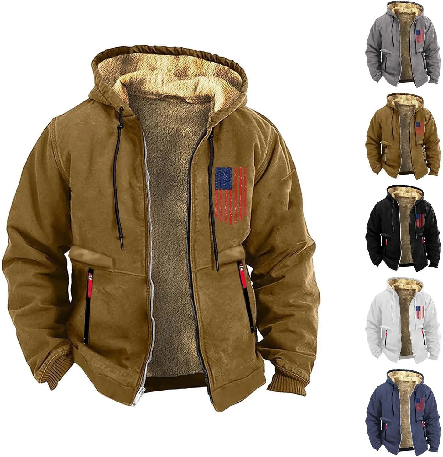 Men's Winter Hoodie Jacket Thick Cotton Warm Fleece Lined Coat Trucker Lapel Collar USA Flag Printed Work Sweatshirts