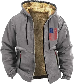 Men's Winter Hoodie Jacket Thick Cotton Warm Fleece Lined Coat Trucker Lapel Collar USA Flag Printed Work Sweatshirts