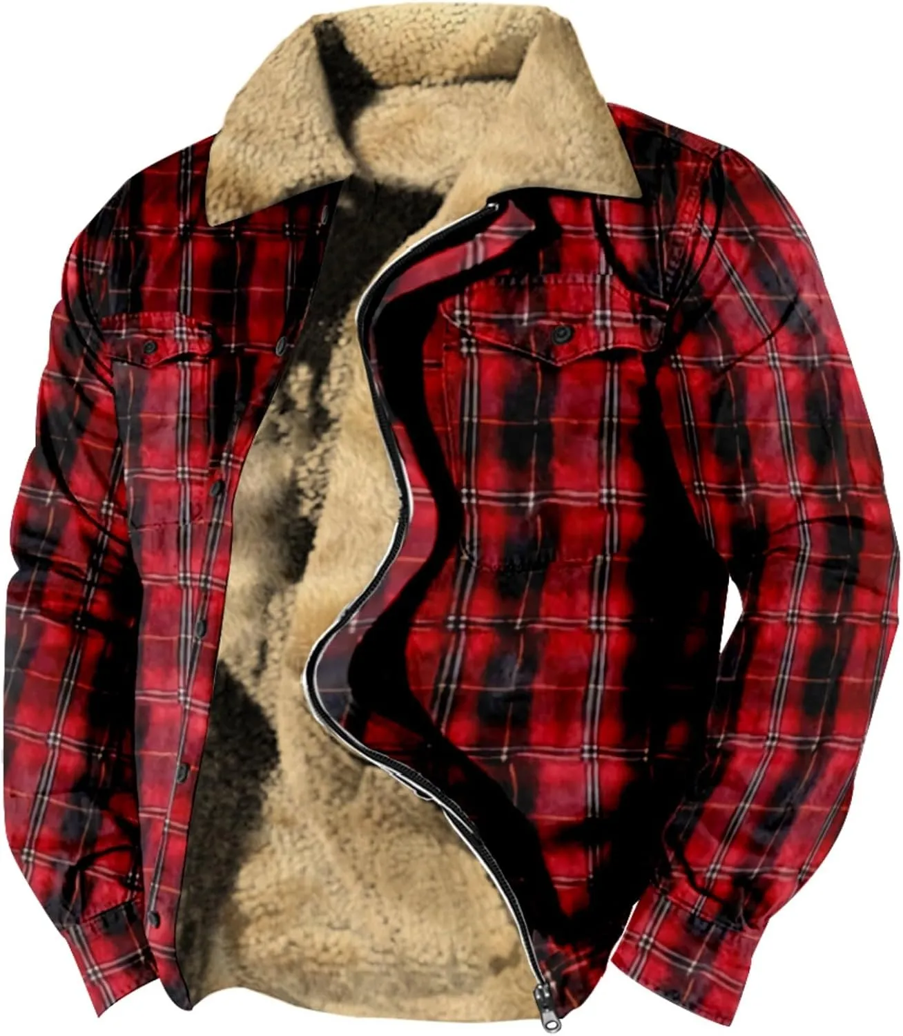 Mens Zip Up Fleece Flannel Jackets Shirt Stand Collared Plaid Cotton Soft Thermal Coat Outdoor Thicken Winter Outfits