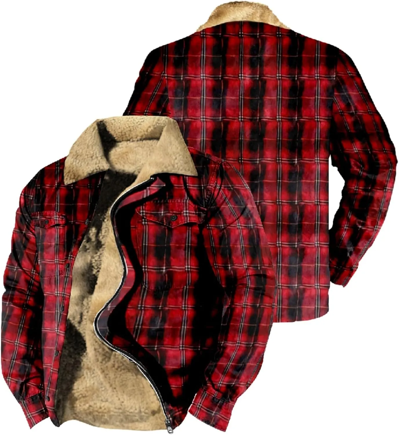 Mens Zip Up Fleece Flannel Jackets Shirt Stand Collared Plaid Cotton Soft Thermal Coat Outdoor Thicken Winter Outfits