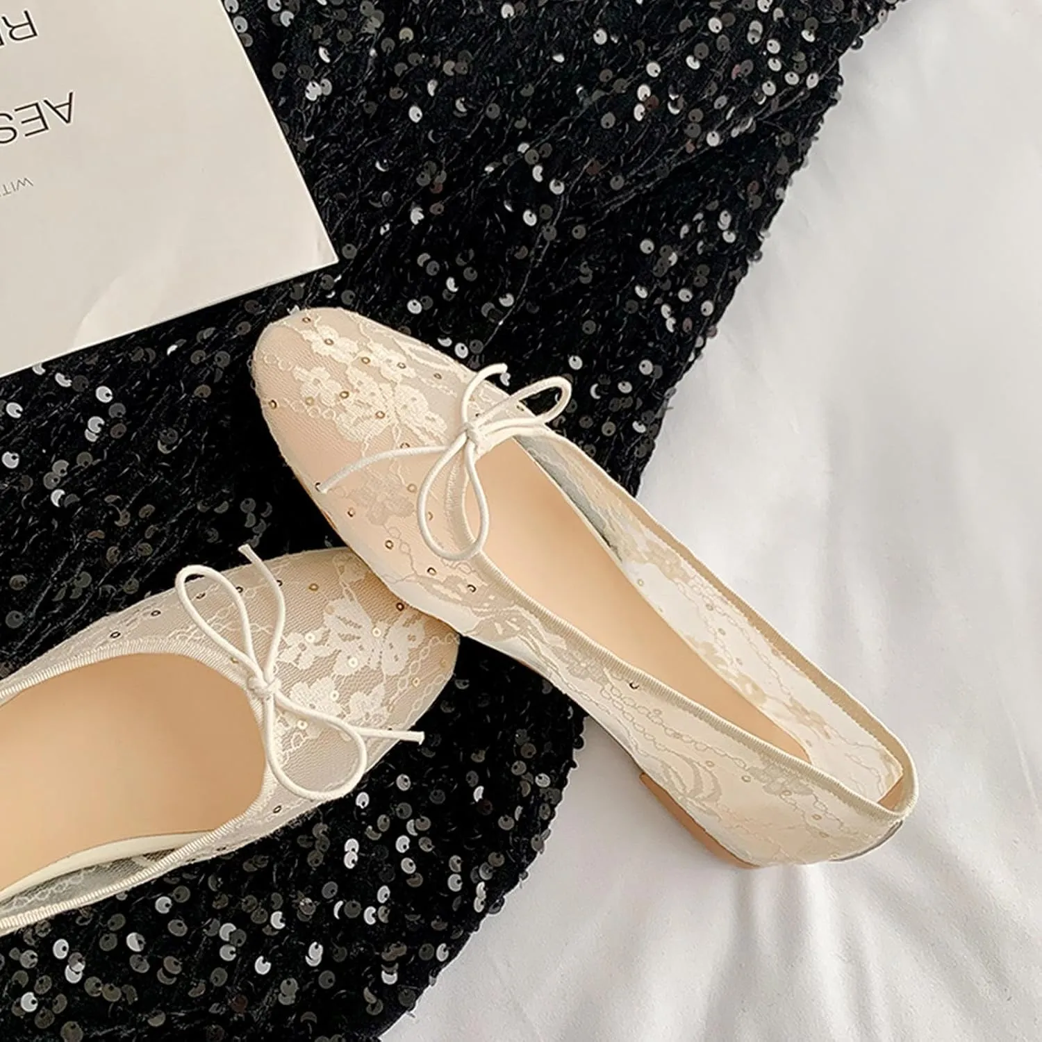 Mesh Ballet Flats for Women,Lace Bow Sequins Embellished Ballerina Shoes,Round Toe Slip on Comfortable Elegant Romantic Wedding Party Dating Dress Mary Jane Flats