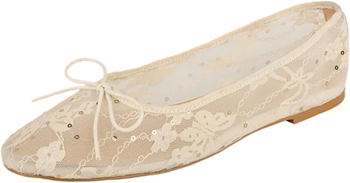 Mesh Ballet Flats for Women,Lace Bow Sequins Embellished Ballerina Shoes,Round Toe Slip on Comfortable Elegant Romantic Wedding Party Dating Dress Mary Jane Flats