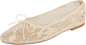 Mesh Ballet Flats for Women,Lace Bow Sequins Embellished Ballerina Shoes,Round Toe Slip on Comfortable Elegant Romantic Wedding Party Dating Dress Mary Jane Flats
