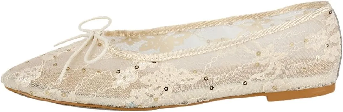 Mesh Ballet Flats for Women,Lace Bow Sequins Embellished Ballerina Shoes,Round Toe Slip on Comfortable Elegant Romantic Wedding Party Dating Dress Mary Jane Flats