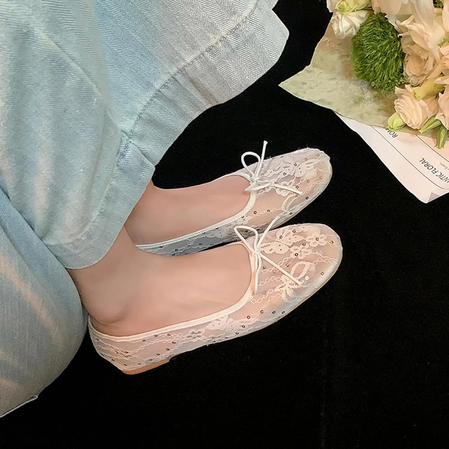 Mesh Ballet Flats for Women,Lace Bow Sequins Embellished Ballerina Shoes,Round Toe Slip on Comfortable Elegant Romantic Wedding Party Dating Dress Mary Jane Flats