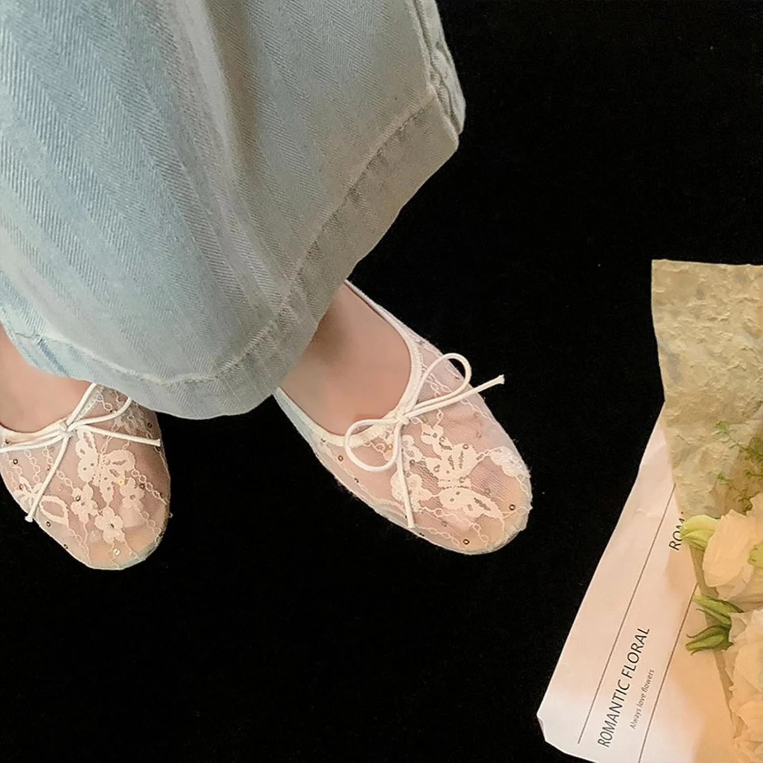 Mesh Ballet Flats for Women,Lace Bow Sequins Embellished Ballerina Shoes,Round Toe Slip on Comfortable Elegant Romantic Wedding Party Dating Dress Mary Jane Flats