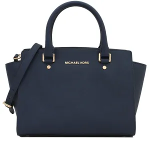 Michael Kors Selma Saffiano Leather Medium Satchel Bag- Navy