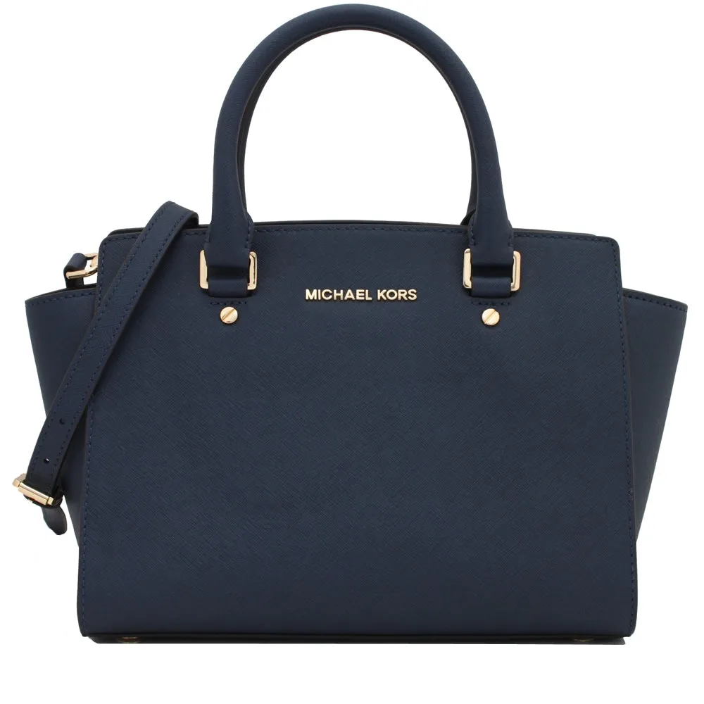 Michael Kors Selma Saffiano Leather Medium Satchel Bag- Navy