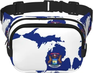 Michigan State Flag Map print Cute Large Black Fanny Packs for Women Cross Body Waist Bag Nylon Fashionable Fanny Pack