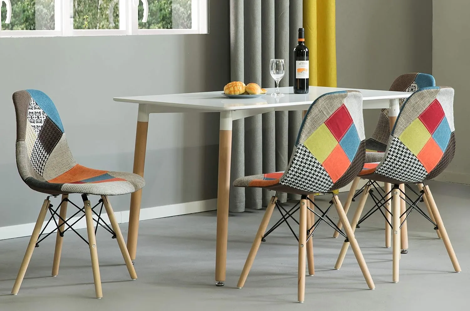 Mid-Century Modern Upholstered Plastic Multicolor Fabric Patchwork DSW Shell Dining Chair with Wooden Dowel Eiffel Legs, Set of 4