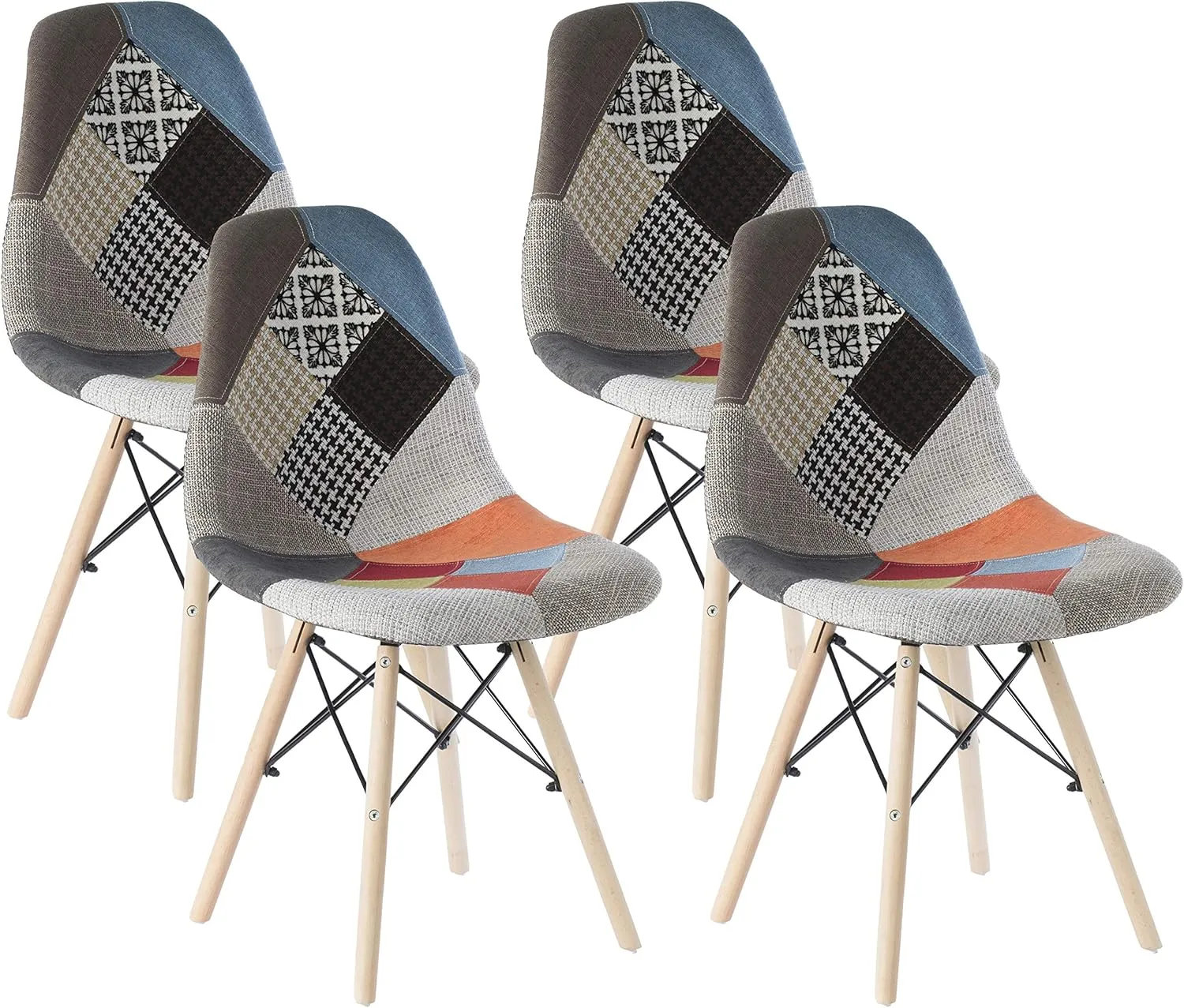 Mid-Century Modern Upholstered Plastic Multicolor Fabric Patchwork DSW Shell Dining Chair with Wooden Dowel Eiffel Legs, Set of 4