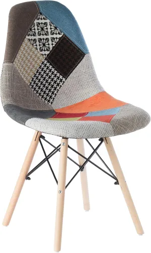 Mid-Century Modern Upholstered Plastic Multicolor Fabric Patchwork DSW Shell Dining Chair with Wooden Dowel Eiffel Legs