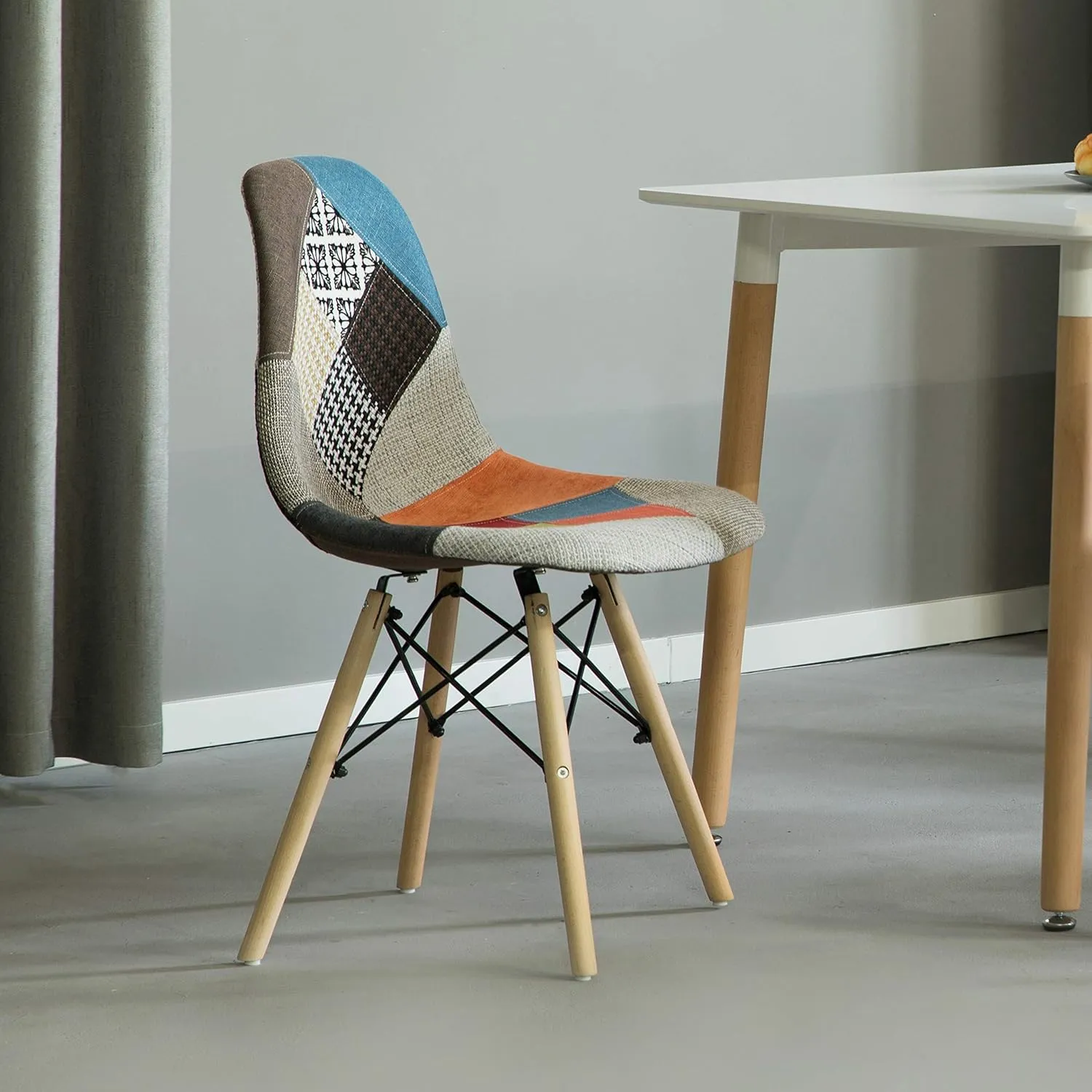 Mid-Century Modern Upholstered Plastic Multicolor Fabric Patchwork DSW Shell Dining Chair with Wooden Dowel Eiffel Legs