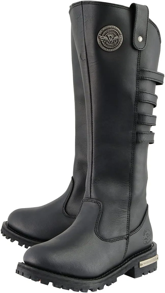 Milwaukee Leather MBL9345 Women's Black 15-inch High Rise Leather Riding Boots with Four Calf Buckles