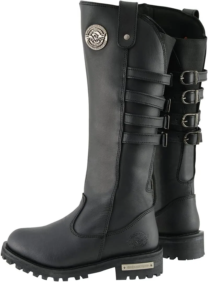 Milwaukee Leather MBL9345 Women's Black 15-inch High Rise Leather Riding Boots with Four Calf Buckles