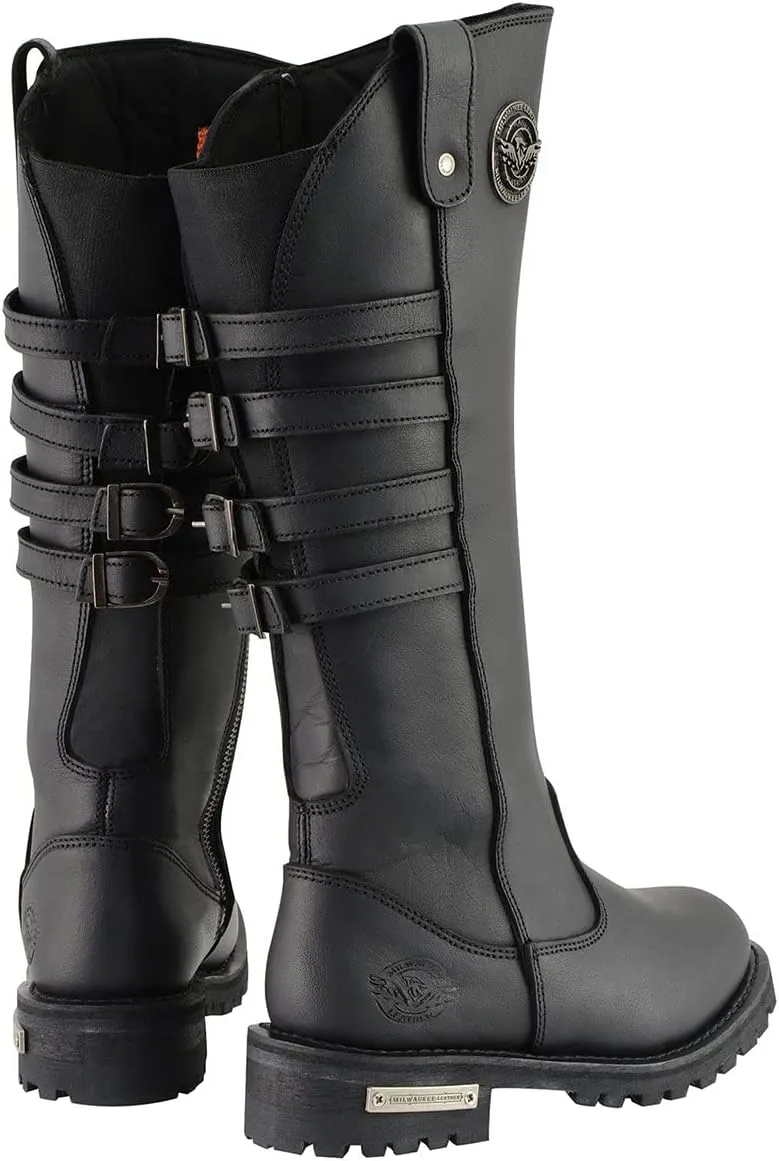 Milwaukee Leather MBL9345 Women's Black 15-inch High Rise Leather Riding Boots with Four Calf Buckles