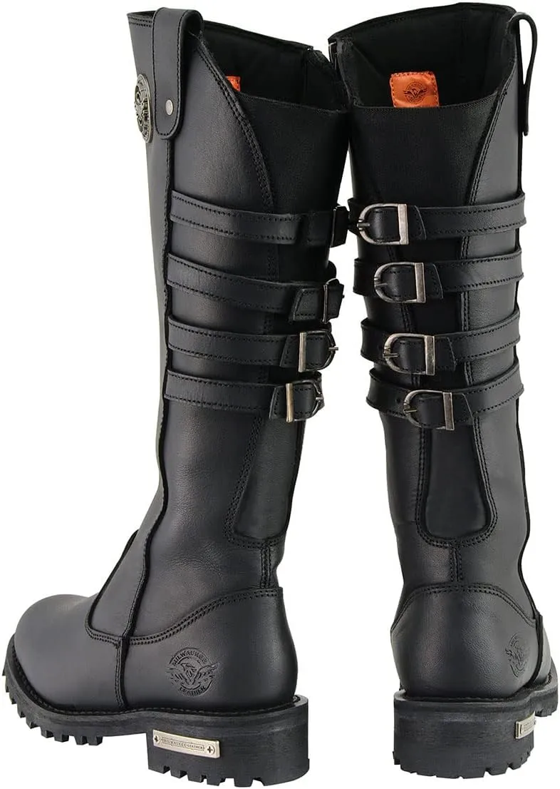 Milwaukee Leather MBL9345 Women's Black 15-inch High Rise Leather Riding Boots with Four Calf Buckles