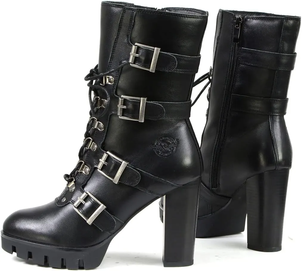 Milwaukee Leather MBL9459 Women's Premium Black Leather Buckles Platform Fashion Boots with Lace-Up Closure - 8